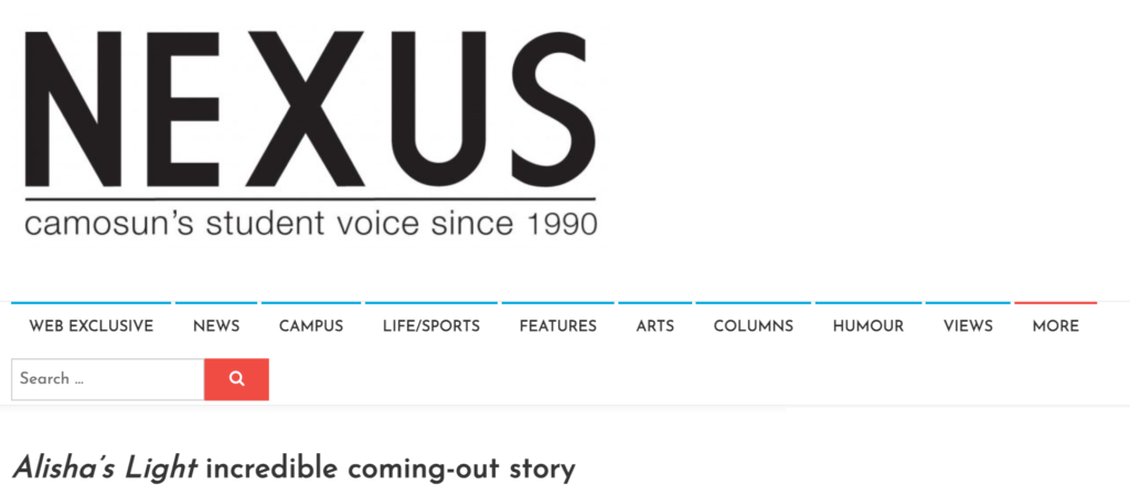 Screen capture of the website Nexus Newspaper with the headline "Alisha's Light incredible coming out story"